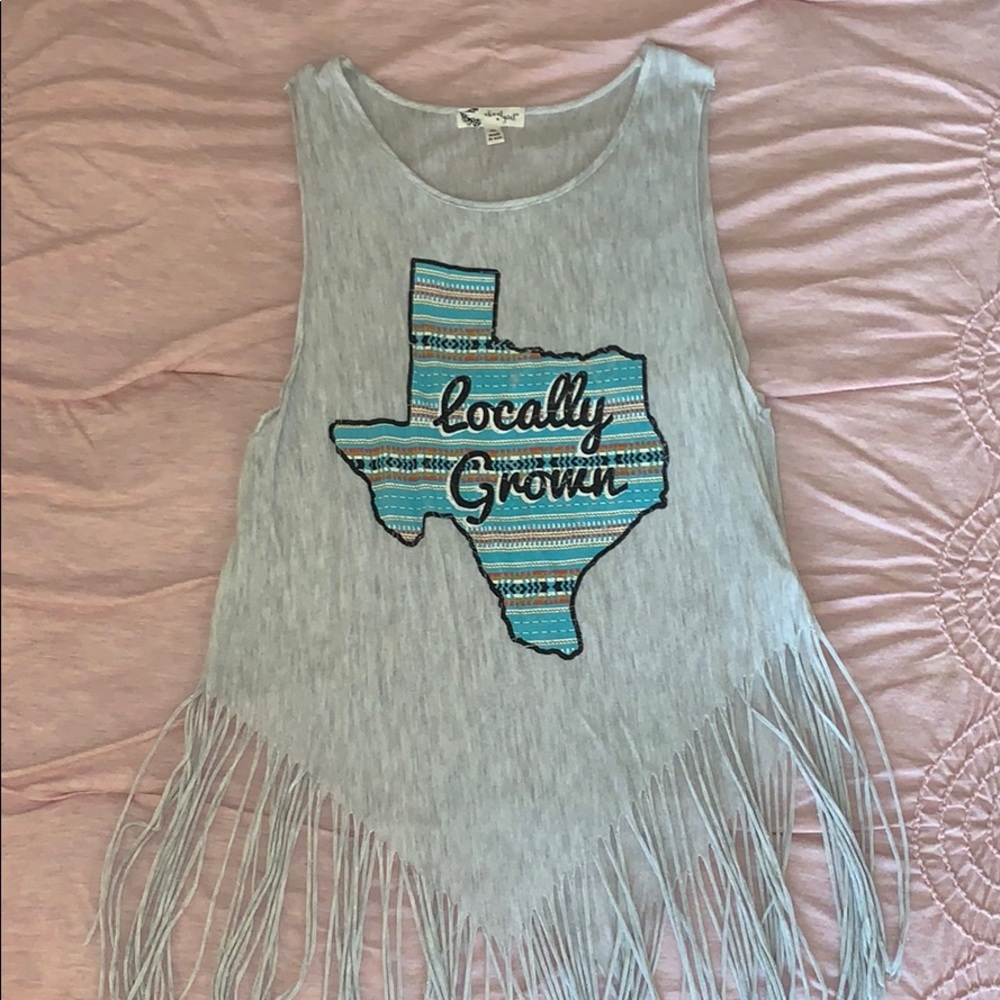 Grey “Locally Grown” Texas Fringe Shirt